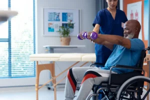 Occupational therapist assisting patient with daily activities at home in Rockwall TX